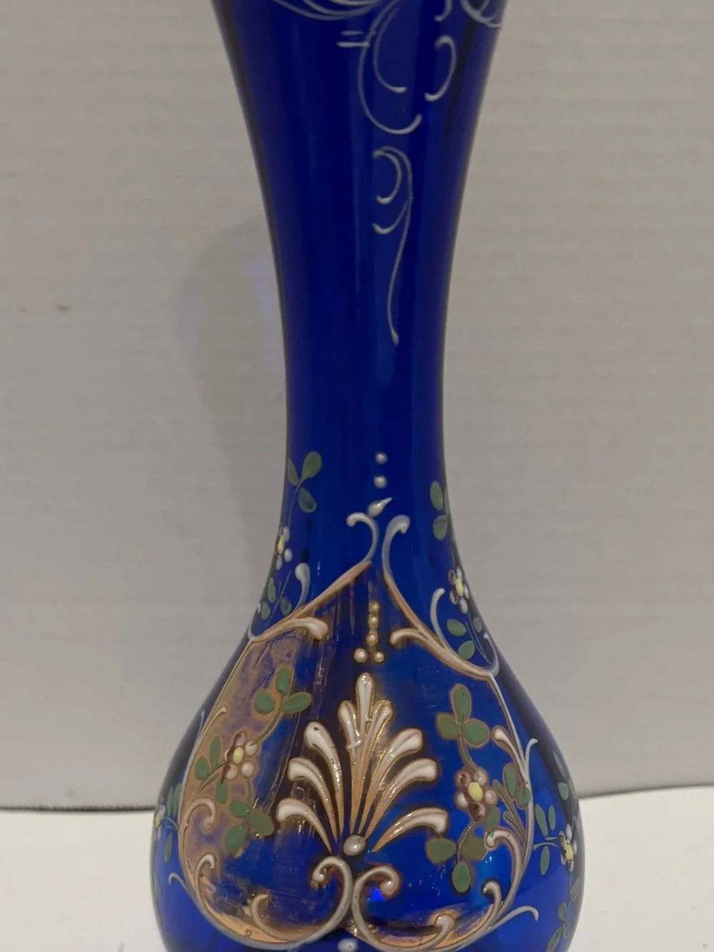 Cobalt Blue Decorative Glass Vase with Gold Floral Accents